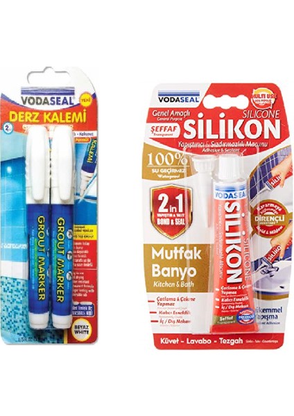 Ünyepark Vodaseal Yedek Uçlu Ikili Beyaz Derz Kalemi ve 50GR Şeffaf %100 Su Geçirmez Silikon
