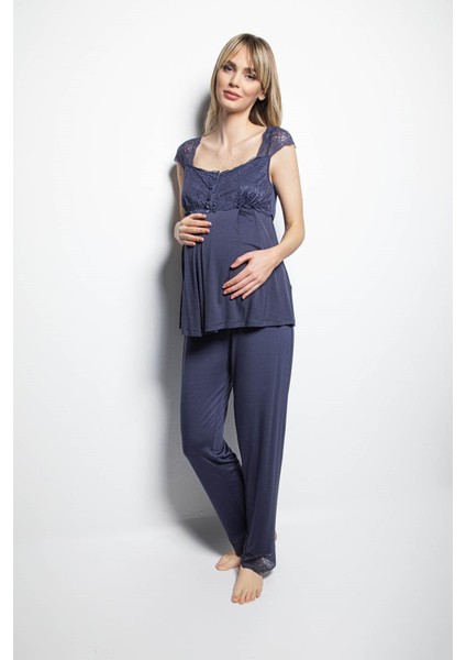 Dantelli Önü Düğmeli Hamile Lohusa Pijama Takımı 18305