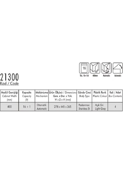 Raylı Krom Tek Kova 16+1 Lt Çöp Kovası 21300