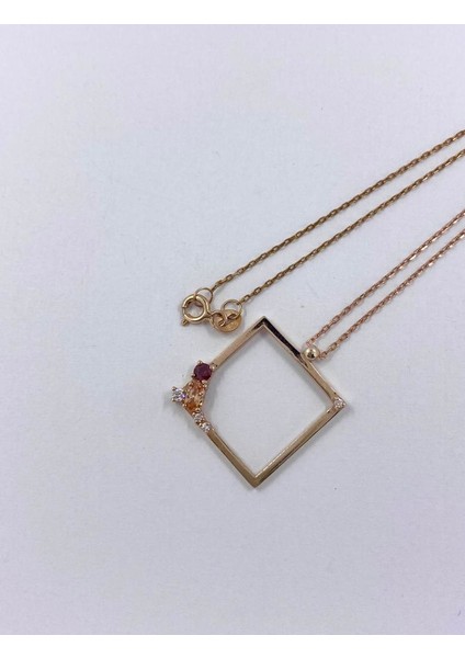 925 Ayar Gümüş Açık Turuncu ve Bordo Taşlı Kare Çerçeve Rose Gold Kolye modelleri