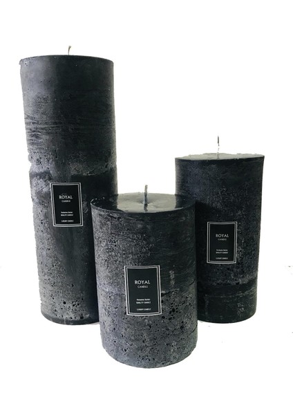 Silindir Mum Siyah Rustik 3 Lü Büyük Set - Çap 10 cm Boylar 15-20-25 cm