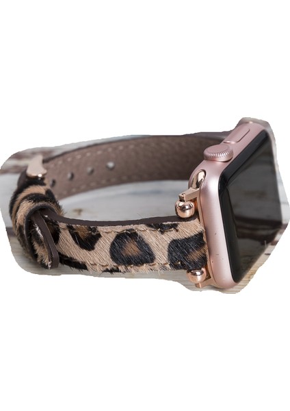 Apple Watch Uyumlu Deri Kordon 42-44MM Slim Tüylü Leopar