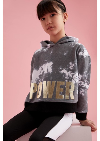Kız Çocuk Power Baskılı Kapüşonlu Crop Sweatshirt T0515A621SP