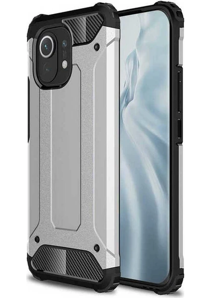 Case 4u Xiaomi Mi 11 Kılıf Military Armor Çift Katmanlı Crash Silikon Kılıf Gümüş