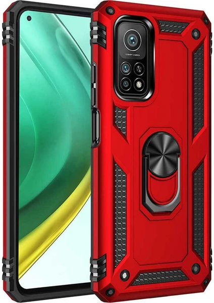 Case 4u Xiaomi Mi 10T 5g Kılıf Çift Katmanlı Yüzüklü Manyetik Vega Kapak Kırmızı