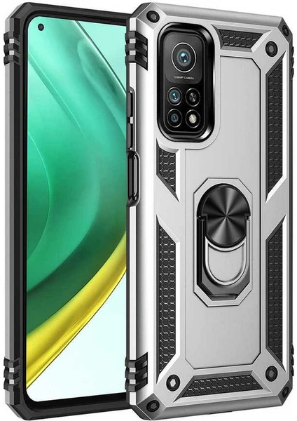 Case 4u Xiaomi Mi 10T 5g Kılıf Çift Katmanlı Yüzüklü Manyetik Vega Kapak Gümüş