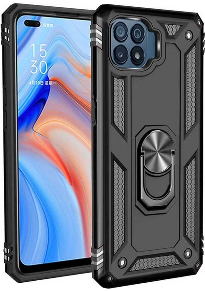 Case 4u Oppo Reno 4 Lite Kılıf Çift Katmanlı Yüzüklü Manyetik Vega Kapak Siyah