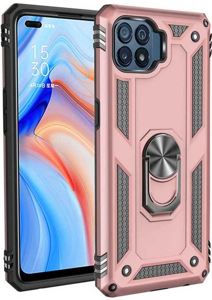 Oppo Reno 4 Lite Kılıf Çift Katmanlı Yüzüklü Manyetik Vega Kapak Rose Gold