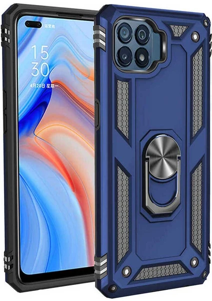 Case 4u Oppo Reno 4 Lite Kılıf Çift Katmanlı Yüzüklü Manyetik Vega Kapak Lacivert