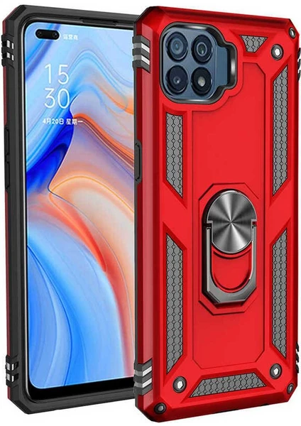 Case 4u Oppo Reno 4 Lite Kılıf Çift Katmanlı Yüzüklü Manyetik Vega Kapak Kırmızı