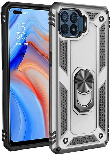 Case 4u Oppo Reno 4 Lite Kılıf Çift Katmanlı Yüzüklü Manyetik Vega Kapak Gümüş