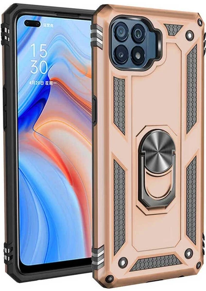 Case 4u Oppo Reno 4 Lite Kılıf Çift Katmanlı Yüzüklü Manyetik Vega Kapak Altın