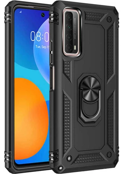 Case 4u Huawei P Smart 2021 Kılıf Çift Katmanlı Yüzüklü Manyetik Vega Kapak Siyah