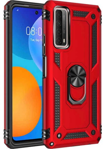 Case 4u Huawei P Smart 2021 Kılıf Çift Katmanlı Yüzüklü Manyetik Vega Kapak Kırmızı