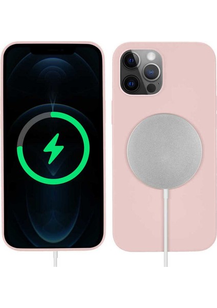 Apple iPhone 12 Pro Max Kılıf Mat Silikon Wireless Kapak Silksafe Pembe - Magsafe Kablosuz Şarj Uyumlu