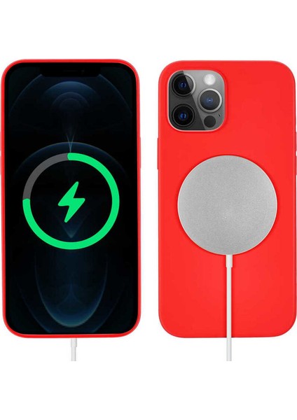 Apple iPhone 12 Pro Max Kılıf Mat Silikon Wireless Kapak Silksafe Kırmızı - Magsafe Kablosuz Şarj Uyumlu