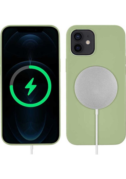 Apple iPhone 12 Mini Kılıf Mat Silikon Wireless Kapak Silksafe Açık Yeşil - Magsafe Kablosuz Şarj Uyumlu