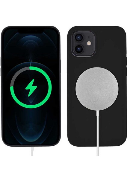 Apple iPhone 12 Kılıf Mat Silikon Wireless Kapak Silksafe Siyah - Magsafe Kablosuz Şarj Uyumlu