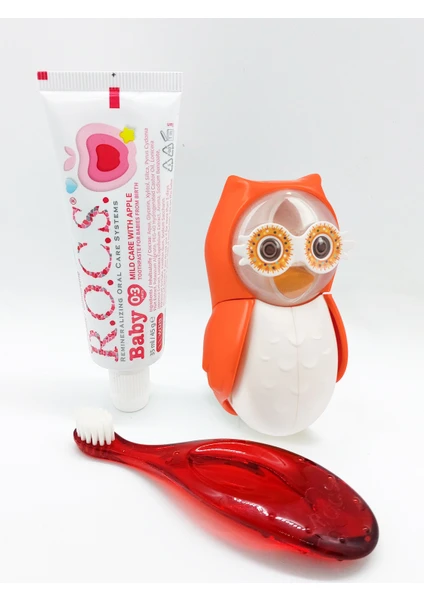 Baby Owl Bakım Seti - Bebek Diş Macunu + Diş Fırçası + Flipper Baykuş Saklama Kabı