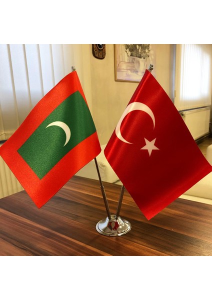 Maldivler-Türkiye Masa Bayrağı Krom Direkli Ikili Bayrak