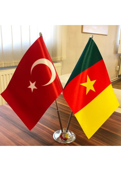 Kamerun-Türkiye Masa Bayrağı Krom Direkli Ikili Bayrak