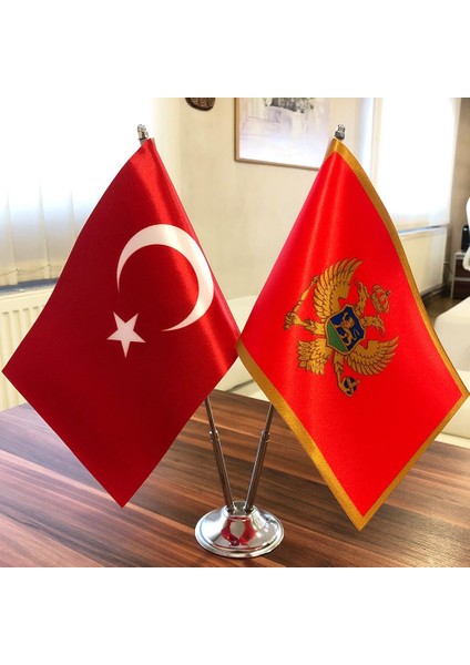 Katar-Türkiye Masa Bayrağı Krom Direkli Ikili Bayrak