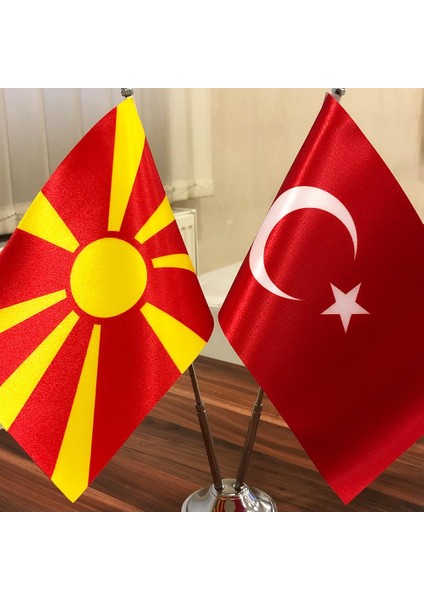 Kuzey Makedonya-Türkiye Masa Bayrağı Krom Direkli Ikili Bayrak fiyatları