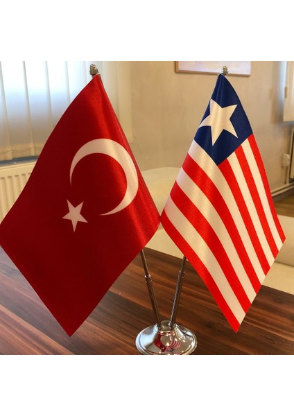 Liberya-Türkiye Masa Bayrağı Krom Direkli Ikili Bayrak