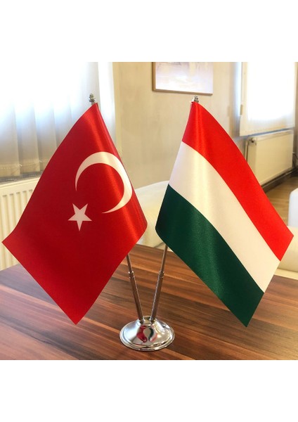 Macaristan-Türkiye Masa Bayrağı Krom Direkli Ikili Bayrak