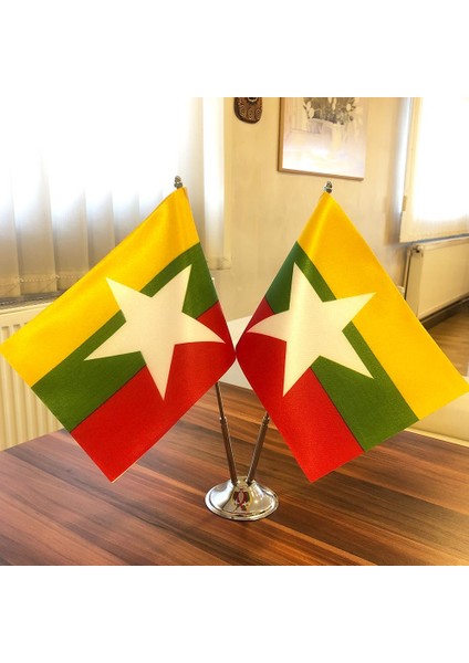 Myanmar Masa Bayrağı Krom Direkli Ikili Bayrak