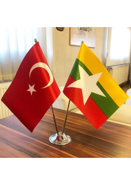 Myanmar-Türkiye Masa Bayrağı Krom Direkli Ikili Bayrak