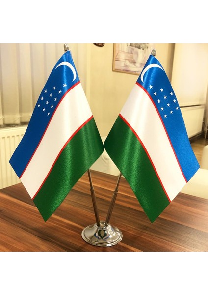 Özbekistan Masa Bayrağı Krom Direkli Ikili Bayrak
