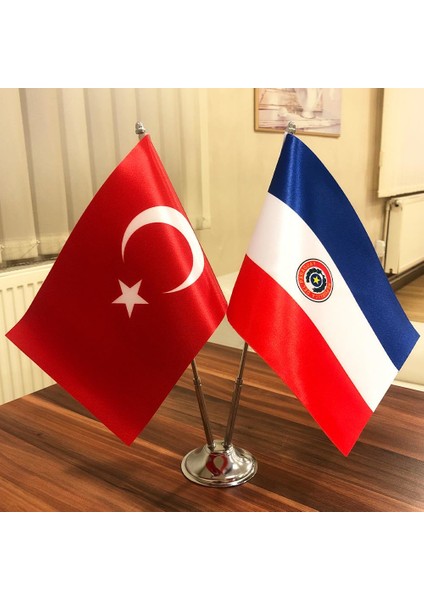 Paraguay-Türkiye Masa Bayrağı Krom Direkli Ikili Bayrak