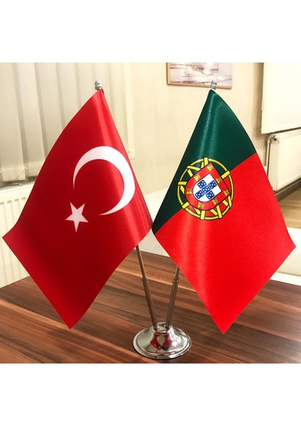 Portekiz-Türkiye Masa Bayrağı Krom Direkli Ikili Bayrak