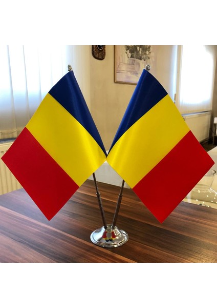 Romanya Masa Bayrağı Krom Direkli Ikili Bayrak