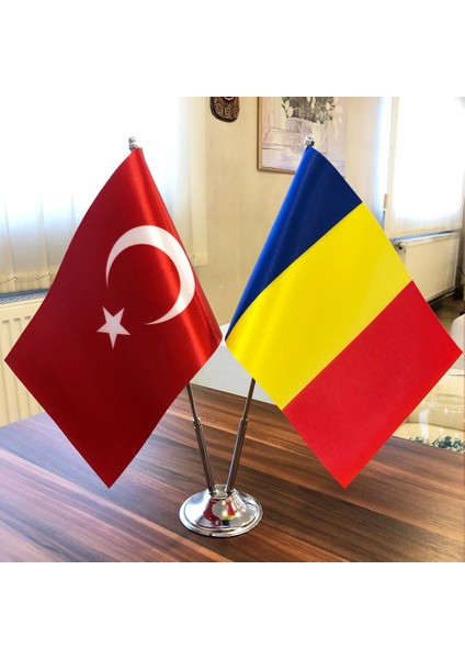 Romanya-Türkiye Masa Bayrağı Krom Direkli Ikili Bayrak