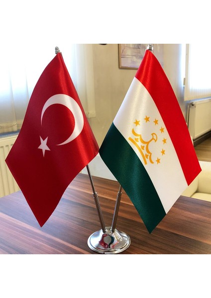 Tacikistan-Türkiye Masa Bayrağı Krom Direkli Ikili Bayrak