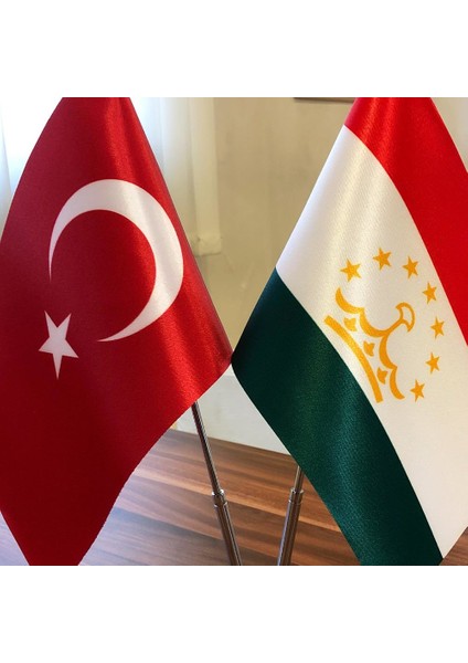 Tacikistan-Türkiye Masa Bayrağı Krom Direkli Ikili Bayrak