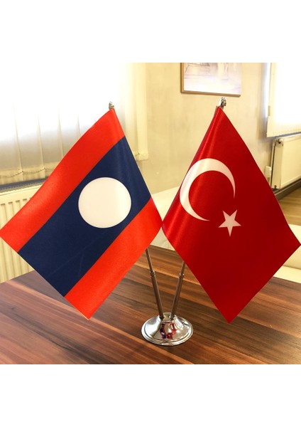 Laos-Türkiye Masa Bayrağı Krom Direkli Ikili Bayrak
