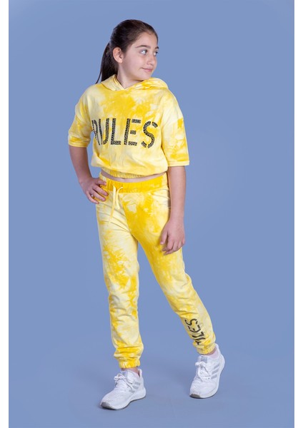 Toontoy Kız Çocuk Rules Baskılı Batik Desenli Crop Eşofman Takımı