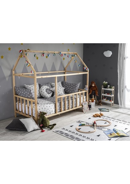 Çatılı Montessori Yatak Çocuk Yatağı Ahşap Beşik Bebek Karyolası Bebek Yatağı 70 x 130 cm