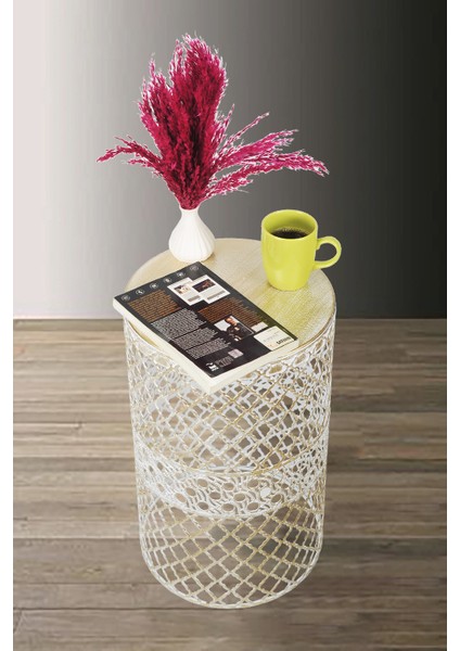 Venon Home Metal Modern Sehpa (300X480) Krem Sarı Patine