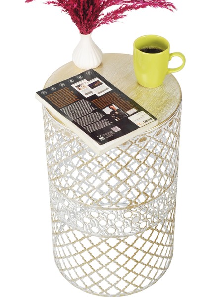 Venon Home Metal Modern Sehpa (300X480) Krem Sarı Patine