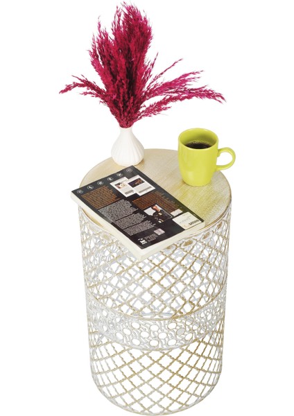 Venon Home Metal Modern Sehpa (300X480) Krem Sarı Patine