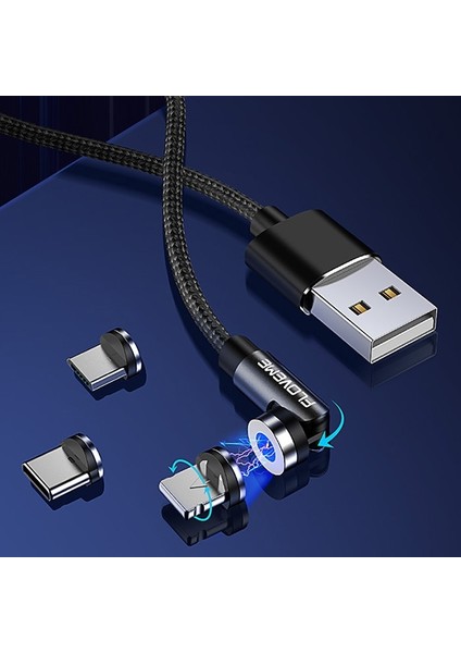 Floveme 540 Dönebilen Mıknatıslı USB Şarj Kablosu 3 Başlık（Lightning + Type-C + Micro 1 mt AL-33617