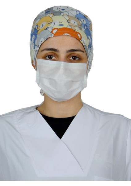 Doktor Hemşire Aşçı Bonesi , Genel Kullanım Çalışma Bonesi %100 Pamuk , Maske için Düğme ve Terbantlı , B MODEL AYICIK
