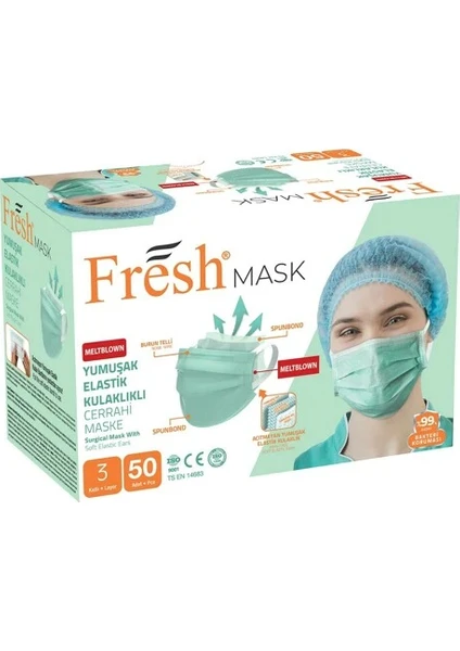 Fresh Mask Yeni Nesil 3katlı Yumuşak Elastik Kulaklıklı Maske 50 Adet