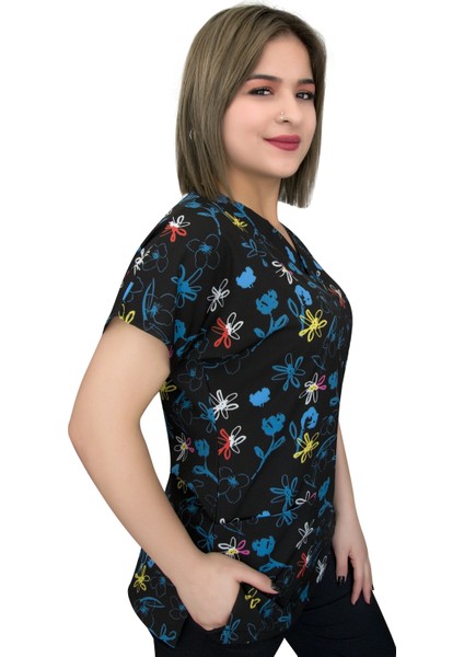 Lacivert Çiçekli Doktor Hemşire Hastane Üst Forma Greys