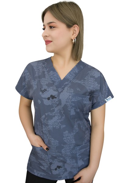 Lacivert Harita Hemşire Doktor Hastane Aşçı Forma Üst