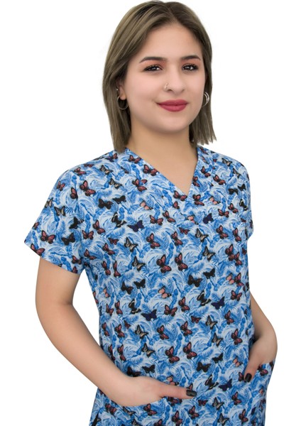 Buz Mavisi Kelebekler Desenli Cerrahi Doktor Hemşire Tek Üst Forma